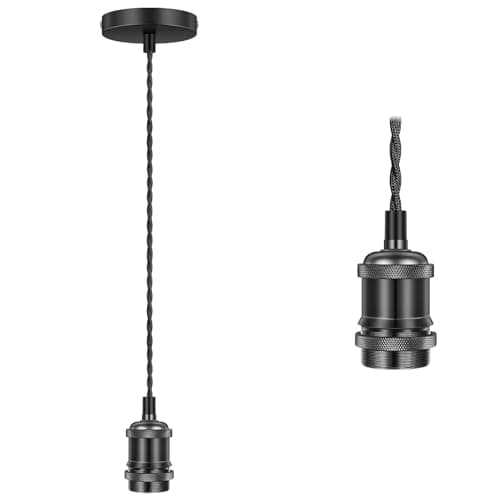 Image of Licperron Vintage Pendant Light Fitting Kit, Braided Flex Ceiling Lamp, E27 Light Fitting Kit - Silver Black. 1pack