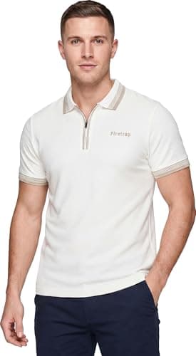 Image of Firetrap Mens Designer Polo T Shirt 1/4 Zip Quarter Zip Textured Cotton Collared Top with Short Sleeves Ecru L
