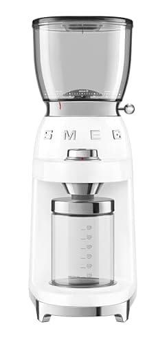 Image of Smeg CGF01WHUK Coffee Grinder, Aluminium Construction, 50's Retro Style, 8 Programme Settings and 3 Grinding Grades, White