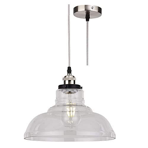 Image of Britalia Brushed Chrome & Clear Tapered Dome Glass Vintage Retro Pendant Ceiling Light | 28cm Diameter | Silver Braided Cable | 1 x ES E27 Lamp Bulb Required | 240 Volts | Bedroom - Lounge - Kitchen