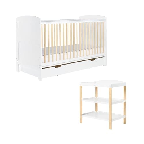 Image of Ickle Bubba Coleby Classic 2-Piece Nursery Furniture Set (Scandi White) – Convertible Cot Bed (140x70cm) & Open Changer (Includes Fibre Mattress)