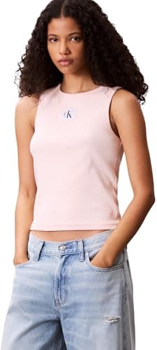 Image of Calvin Klein Women’s Woven Label Cotton Rib Tank Top with Logo, Pink (Cloud Pink), L