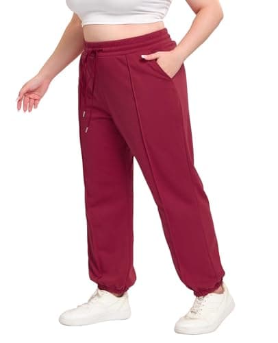 Image of Moon Wood Plus Size Sweatpants Women High Waisted Loose Baggy Lounge Trousers Casual Pants Workout Joggers with Pockets, Wine Red, X-L Plus