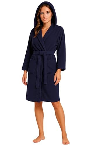 Image of kraftd Unisex Hooded Robes Towelling Bathrobe Cotton Dressing Gowns with Pockets for Men & Women Navy