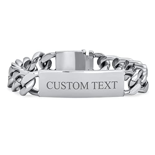 Image of Bling Jewelry Personalized Engravable Mens Solid Name Bar Plated Identification ID Bracelet For Men Curb Chain Link Silver Tone Stainless Steel Custom Engraved