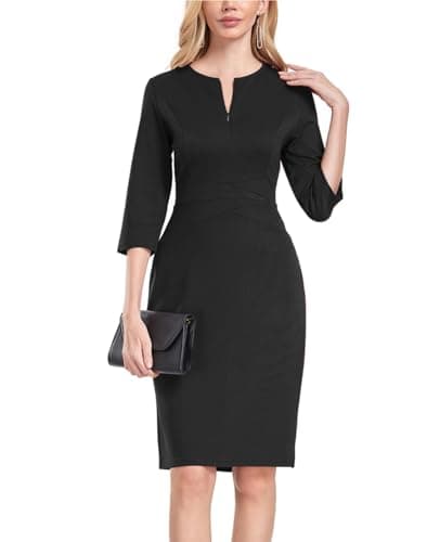 Image of MINTLIMIT Womens Front Zipper Round Neck 3/4 Sleeve Sheath Formal Pencil Cocktail Party Work Dresses Black