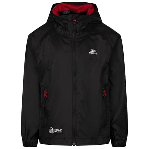 Image of Trespass Kids Qikpac Hooded Waterproof Packaway Jacket - Black/Red- 11-12 Yrs