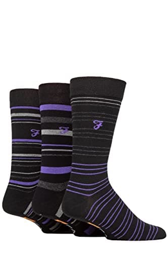 Image of Farah Mens Argyle, Patterned and Striped Cotton Socks Pack of 3 Black/Purple Stripe 6-11