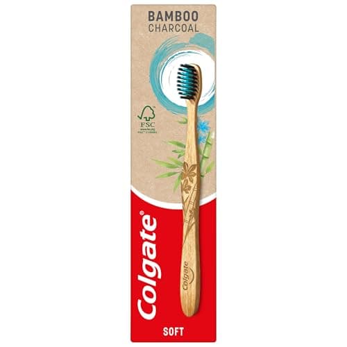 Image of Colgate Bamboo Charcoal Soft Bristles Manual Toothbrush 1 Piece - Manual Toothbrush with Activated Carbon Slim Tip Bristles, 100% Natural Biodegradable Bamboo Handle