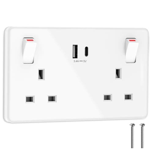 Image of Double Plug Socket USB C Switched Wall Socket with 2 USB Ports Electrical Power Outlets 2 Gang 13A Twin Electric Double Sockets, White