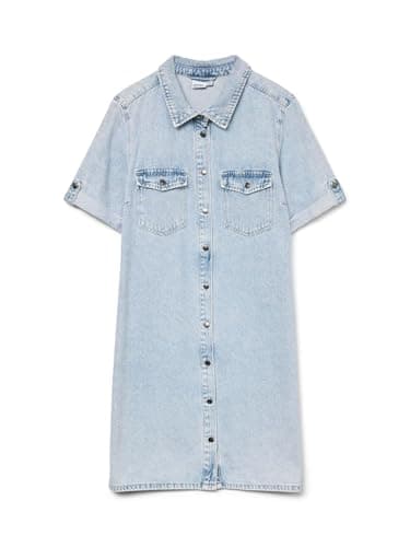 Image of VERO MODA Women's Vmjennie SS Short Denim Dress Mix Noos Dress, Light Blue (Light Blue Denim), S