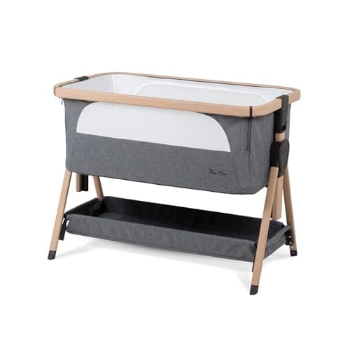 Image of Silver Cross - Lunar Bedside Crib with Travel Bag - Next to me Crib - Birth to Approx. 6 months (9kg) - Drop Down Panel For Safe Side by Side Sleeping - 7 Height - Whisper Grey