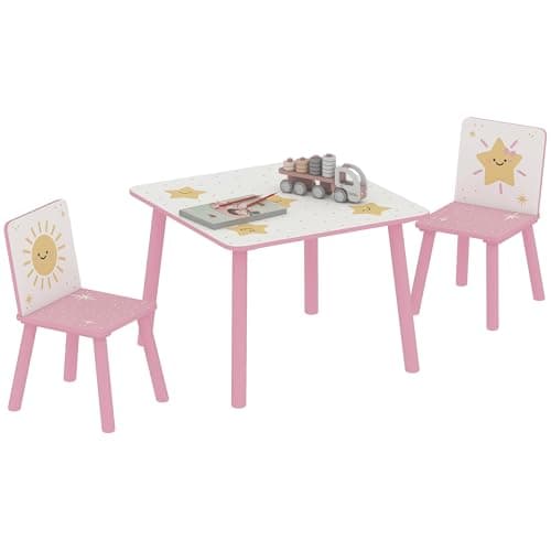 Image of AIYAPLAY 3-Piece Kids Table and Chair Sets, Kids Table with 2 Chairs Set Furniture with Star Pattern for Boys and Girls, Bedroom, Nursery, Playroom, Pink