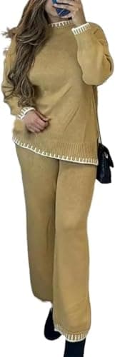 Image of PureLayne Women’s Knitted Co-Ord Set Oversized 2 Piece Lounge Set – Long Sleeve Winter Warm Pullover Jumper & Trousers Tracksuit, Casual Solid Colour Knitwear Outfit (Camel, One Size (8-16))