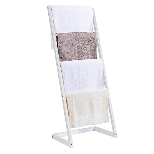 Image of Vencier Bamboo Freestanding Towel Rack Drying Stand with Four Hanging Rails Wooden Bathroom Clothes Rack Clothing & Towels Freestanding Holder (White)