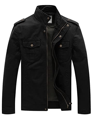 Image of WenVen Men's Casual Cotton Jacket Outdoor Lightweight Leisure Jacket Classic Full-Zip Jacket Military Jacket Black L
