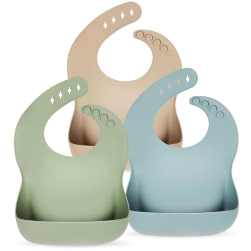Image of Eascrozn Silicone Bibs for Boys Girls 3 Pack Adjustable Soft Silicone Baby Bibs for Toddlers BPA Free Waterproof Bibs for Eating Babies Essentials Baby Gifts, Multi, M