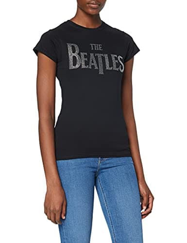 Image of The Beatles Women's Drop T Logo & Rhinestones Slim Fit Short Sleeve T-Shirt, Black, Size 12 (Manufacturer Size:Large)