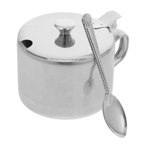 Image of WEKADRIN Stainless Steel Salt Pepper Pot with Lid and Spoon, Kitchen Seasoning Container with Handle for Home Use, Keeps Contents Fresh and Allows Easy Scooping, Silver Condiment Storage