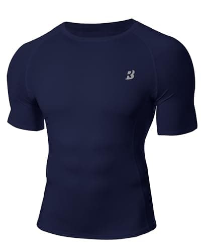 Image of WISMBOX Men's Compression Shirt, Short Sleeve Quick Dry T-Shirt, UPF 50+ Sun Protection Base Layer Gym Top for Running Football Navy Blue