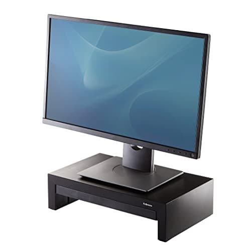Image of Fellowes Designer Suites Monitor Stand - 3 Height Adjustable Monitor Riser for Desk with Storage Space - Ergonomic Computer Stand for Laptops, Computers, iMac, PC, Notebook - Max Weight 18kg - Black
