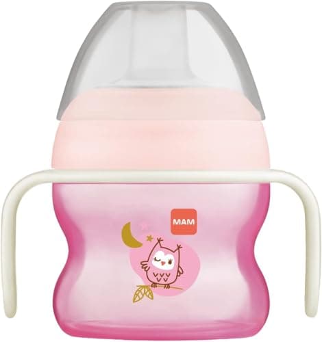 Image of MAM Starter Cup Glow-in-the-Dark Handles | 150ml | Suitable for 4+ Months | Training Sippy Cup to Encourage Independent Drinking | Baby Accessories | Pink (Various Designs)