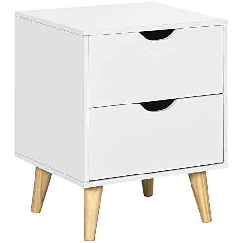 Image of HOMCOM Bedside Table, Bedside Cabinet with 2 Drawers, Side End Table with Pine Wood Legs for Bedroom Living Room, White