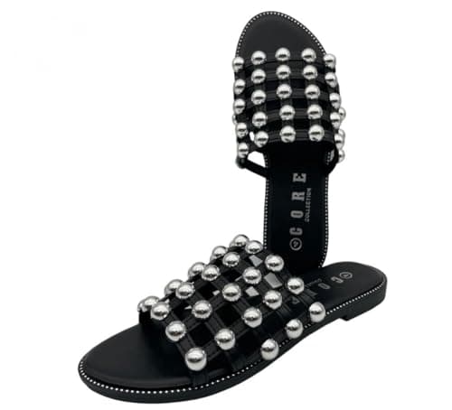 Image of CORE COLLECTION Womens Ladies Diamante Sandals Glitter Sliders Mules Summer Sparkly Sliders flipflop Sliders (BLACK6, UK Footwear Size System, Adult, Women, Numeric, Medium, 8)