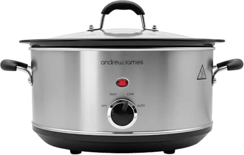Image of Andrew James 3.5L Slow Cooker, Removeable Easy Clean Aluminium Crock Pot Bowl, 3 Temperature Settings, Energy Efficient, Tempered Glass Lid, Cool Touch Handles & Non-Slip Feet (Stainless Steel)