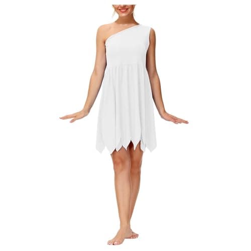 Image of Wilma White One Shoulder Dress Sleeveless Cavewoman Family Couple Costume Primitive Cartoon Characters Costume Funny Costumes for Adults