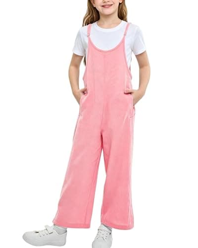 Image of Rolanko Girls Jumpsuit Adjustable Spaghetti Strap Loose Overalls Rompers, Cotton Baggy Plain Playsuits with Pockets for Age 5-12 Years, Light Pink, Size: 11-12 Years, 160