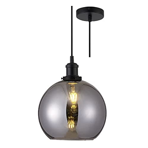 Image of Matt Black & Smoked Domed Globe Glass Vintage Retro Pendant Ceiling Light | 25cm Diameter | Black Braided Cable | 1 x ES E27 Lamp Bulb Required | 240 Volts | Bedroom - Lounge - Kitchen