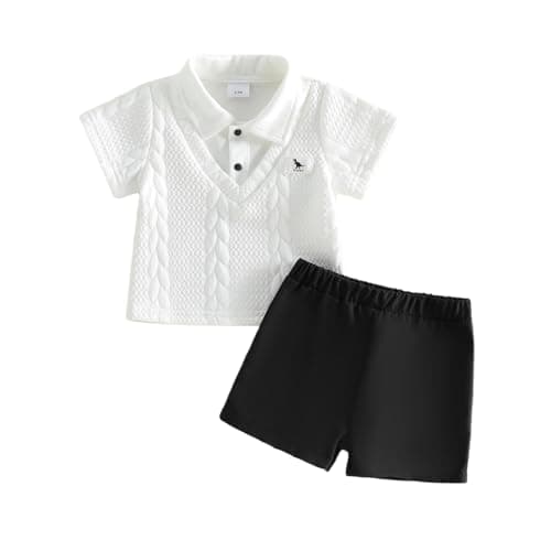 Image of XIXIMAON Toddler Boys Summer Outfits Short Sleeve Lapel Collar Fake Two Piece Shirt Jacquard Tops Solid Color Shorts Set Handsome Baby Boy Clothes 2Pcs (White, 6-9 Months)