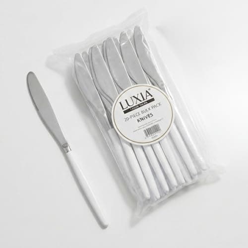 Image of Playlearn Luxia Reusable Washable White Silver Plastic Knives, 20pcs Bulk Pack Durable Elegant Cutlery, 19.62m Durable Dinnerware for Weddings, Catered Events
