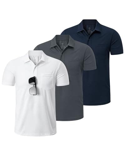 Image of Outdoor Ventures 3 Pack Mens Polo Shirt Short Sleeve UPF50+ Polo Quick Dry Moisture Wicking Breathable T Shirts Running Sports Golf Tennis Top Casual Work Shirt 3P:White+Dark Grey+Dark Blue XL