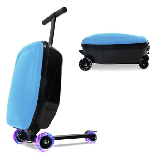 Image of GHSY 20" Scooter Suitcase for Kids, 2-in-1 Ride On Luggage with Wheels for Boys & Girls Ages 4-15, Foldable Hardshell Carry On Lightweight Travel Suitcase for Airplane, Light Blue, Length: 35.6 cm