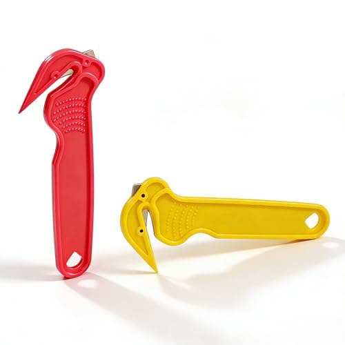 Image of BAOMUMAYE Safety Box Cutter, Portable Opener with Concealed Blade. Lightweight Packaging Cutter Knife for Cardboard, Warehouse & Home Use. Ergonomic Handle & Secure Blade (Red + Yellow, 2 Pcs)