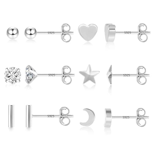 Image of ASH'S CHOICE Sterling Silver Stud Earrings, 6 Pairs, Multipack Mini Small Studs Set, Moon Star Heart Round Ball Studs, 6PairsSilver