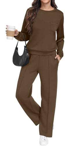 Image of GRECERELLE Tracksuit Womens Full Set Autumn Long Sleeve Lounge Wear Sets for Women Two Piece Outfits Activewear Casual Crew Neck Pullover Tops and Jogging Bottoms with Pockets (Coffee, M)