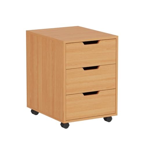 Image of NICEME 3-Drawer Mobile Filing Cabinet, Office Under Desk Storage Drawers Unit with Wheels, File Cabinet Desk Pedestal Rolling Printer Stand for Home Office Storage (NOT Lockable, Beech)