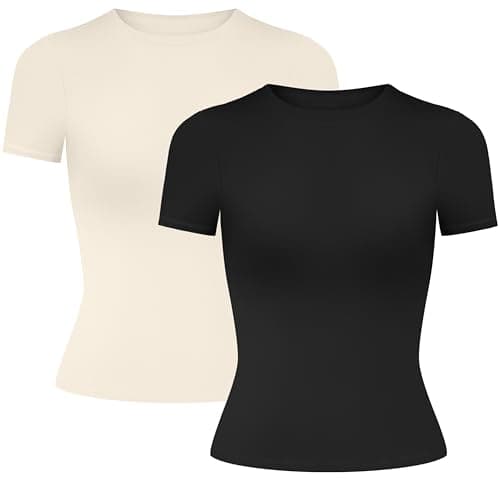 Image of Womens Y2K Basic Short Sleeve T-Shirts 2 Pack - Slim Fit Summer Scoop Neck Crop Tops Black/White