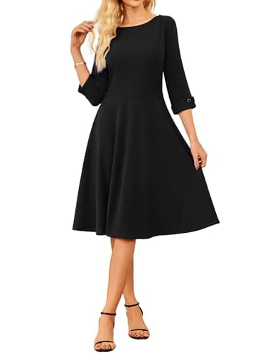 Image of GRACE KARIN Women Elegant Work Flared A-Line Midi Dresses Boat Neck Office Dress for Summer Party Outfits Black 2XL