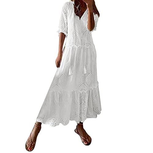 Image of Broderie Anglaise Dress Women White Linen Cheesecloth Made in Italy Dresses Shirred Silk for UK Roman Knee Length Summer