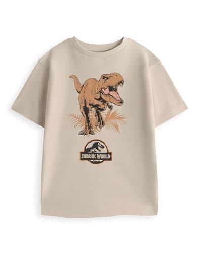 Image of Jurassic World Rexy Boys Beige Short Sleeved Graphic Tee | Classic Crew Neck T-Shirt Featuring Kids Movie Merchandise Merch - 11-12 Years
