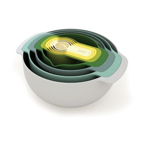 Image of Joseph Joseph Nest 9 Plus, 9 Piece Compact Food Preparation Set with Mixing Bowls, Measuring Cups, Sieve and Colander, Opal