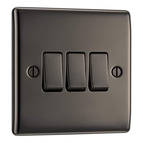 Image of BG Electrical Triple Wall Light Switch, 2 Way, Raised and Slim Profile, Round Edges, Nexus Metal, Black Nickel, 20A, 16AX, NBN43