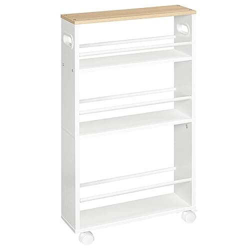 Image of HOOBRO Slim Storage Trolley, Narrow Kitchen Cart for Small Space, Slide Out Kitchen Trolley on Wheels, 4-Tier Rolling Utility Cart with Handle, Living Room, Kitchen, Natural and White EWN15TC01