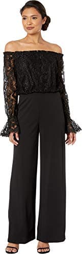 Image of Adrianna Papell Womens Lace and Crepe Jumpsuit, Black, 16