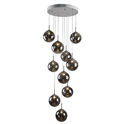 Image of YangRy Industrial 10-Lights Globe Glass Pendant Light Cluster with Crystal Tassels Chrome Finish Glass Ball LED G4 10 Way Ceiling Hanging Lamp Villa Stairs Landing Lighting - Grey