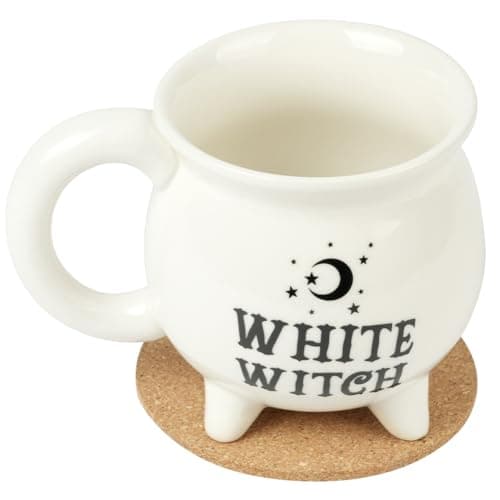 Image of HOTUT Witches Brew Cauldron Mug,Witches Brew Coffee Mug with Coaster,Gothic Tea Cup,Novelty Tea Coffee Soup Cup,Halloween Witchy Mugs,Funny Mugs for Christmas,Halloween,Birthday Presents (White)